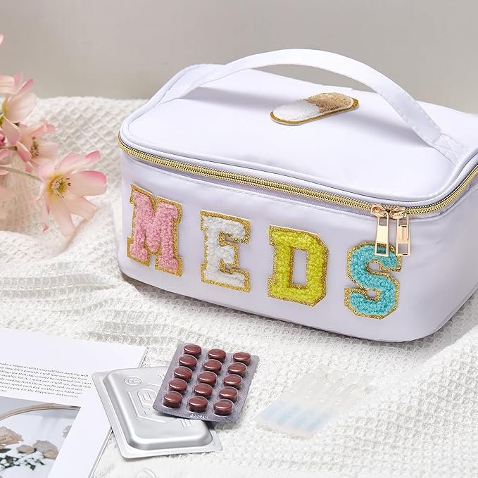 Geetery Clear Makeup Bag Chenille Letter Meds Bag Travel Cases Preppy Patch with Zipper, Portable Cosmetic Toiletry Storage case for Women(Meds,White)