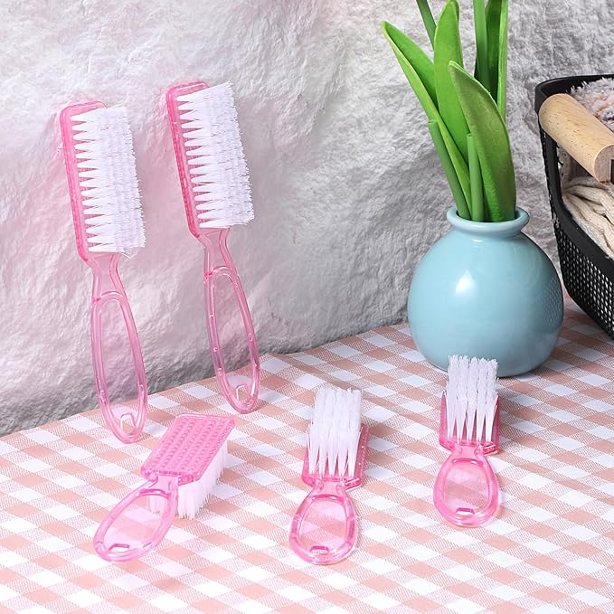 60PCS Handle Grip Nail Cleaning Brushes, Hand Fingernails Scrubber Brushes Pedicure Dust Brush Manicure Tools for Women Men Home Salon Nail Foot Toes Cleaner (Clear Pink)