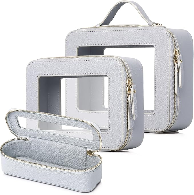 Travel Makeup Set Waterproof Transparent Cosmetic Bag and Toiletry Bag Makeup Brush case with Zipper Car Essentials for Women (Gray, L+M+SLIM)