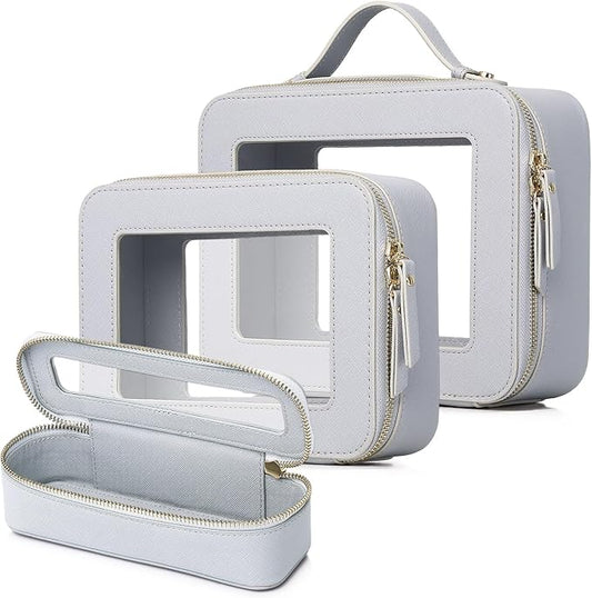 Travel Makeup Set Waterproof Transparent Cosmetic Bag and Toiletry Bag Makeup Brush case with Zipper Car Essentials for Women (Gray, L+M+SLIM)