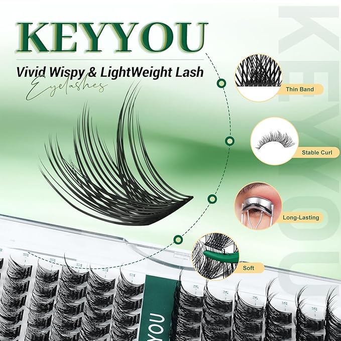 Lash Clusters 96pcs Individual Lashes D Curl 10mm Cluster Lashes KEYYOU Volume Wispy Lash Extension Soft&Comfortable Easy DIY at Home(Y03 D-10mm)