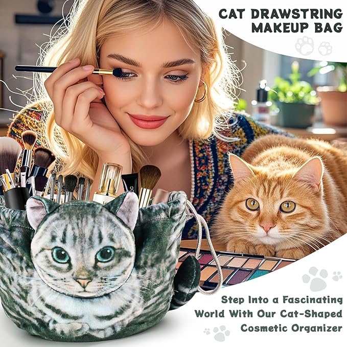 Cat Shaped Drawstring Makeup Bag for Women - Grey Tabby Cat Design Cosmetic Case