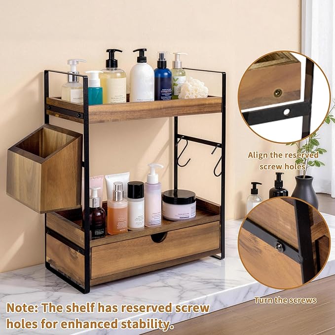 2-Tier Bathroom Counter Organizer with Drawer and Basket, Acacia Wood Countertop Organizer for Storage, Skincare Organizers for Vanity, Counter Shelf for Bathroom Organization(Acacia wood-Dark Brown)