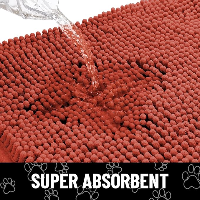 Smiry Dog Door Mat for Muddy Paws, Absorbent Dirt Trapper Non Slip Quick Dry Washable Chenille Mat for Mud Dogs, Entry Rug for Indoor and Outdoor (36x24 Inches, Maple Red and Black)
