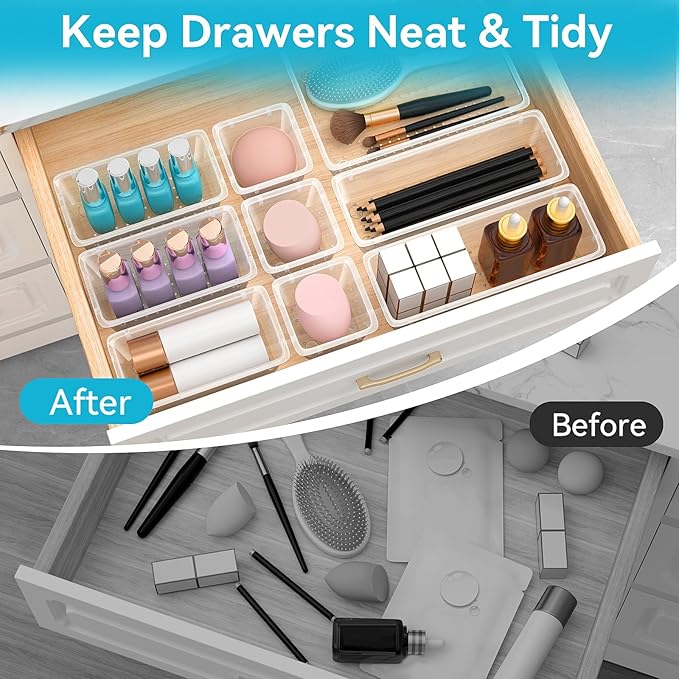 36 PCS Drawer Organizer Set, 4 Sizes Tool Storage Trays, Clear Plastic Makeup Vanity Organizer and Storage Bins for Makeup, Stationeries, Multiple Gadgets for Bathroom, Office, Bedroom