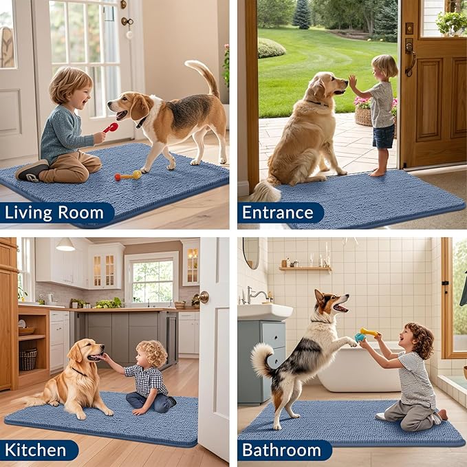 Smiry Dog Door Mat for Muddy Paws 40x32, Absorbs Moisture and Dirt Doormat, Non-Slip Washable Quick Dry Chenille Front Door Mat Indoor Entrance, Entryway Carpet for Inside Floor, Airy Blue