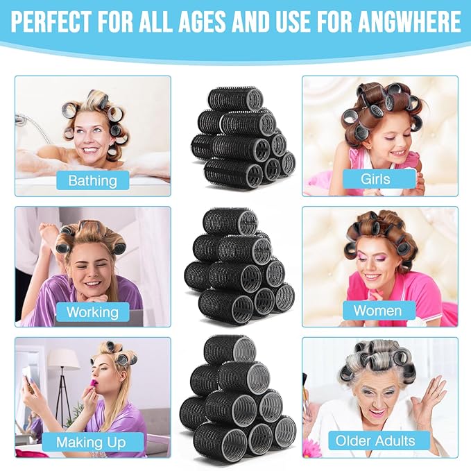 Heatless SelfGrip Hair Rollers Kit, 3 Sizes (0.79",1.18",1.57") for Short/Medium Hair | 36 Rollers +12 Clips +1 Comb | No Heat Curlers for Overnight Waves,Travel & Damage-Free Styling. (Black, Medium)