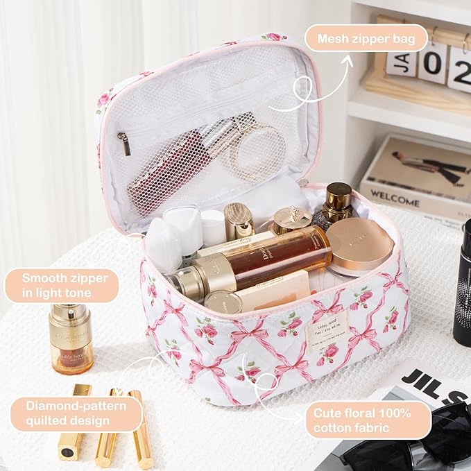 Makeup Bag for Women 3PCS Quilted Cotton Make Up Bag Travel Cosmetic Bag Large Makeup Bag Set Cute Bow Makeups Organizer Floral Toiletry Pouch for Purse, Pink