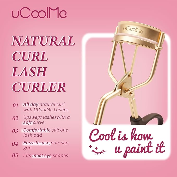 uCoolMe Eyelash Curler with 2 Refill Pads, No-Pinch Design & Comfort Grip for Natural Lash Lift, Cruelty-Free Lash Curler for All Eye Shapes, Easy to Use for Home and Travel (Gold)