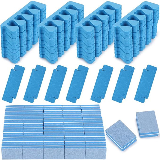 102pcs Toe Separators Set - Premium Pedicure Tool Super Soft Pedicure Toe Separator- Mini Nail Buffer Block File 80/100 Grit 2 Sided, Blue