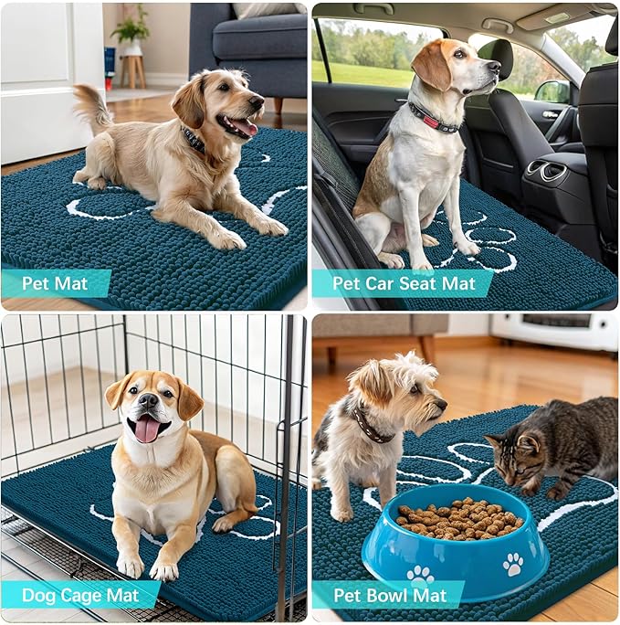 OLANLY Dog Door Mat for Muddy Paws 24x16, Paw Print Design, Absorbs Moisture and Dirt, Absorbent Non-Slip Washable Doormat, Quick Dry Chenille Mud Mat, Entry Indoor Entryway Carpet, Atlantic Blue