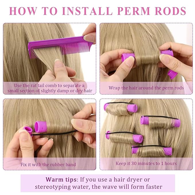 Perm Rods Set for Natural Hair, 40Pcs Plastic Cold Wave Rods, Heatless Perming Rods Hair Curler for Women, DIY Hairdressing Tools, Purple, 0.75 Inch