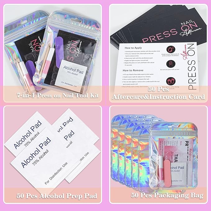 Press On Nail Tool Kit for Nail Business, Nail Prep Application Disposable Kit with Nail File, Nail Glue, Prep Pads, Instruction Card, Adhesive Nail Tabs, Wood Stick, Holographic Bag (50pcs in purple)