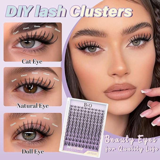 B&Q Snow Lotus Lash Clusters Kit Natural Lashes Clusters Wispy Invisible Band Manga Lashes Individual Lashes Bond and Seal Eyelash Extension Kit Easy Removal (Snow Lotus KIT-8-18MIX)