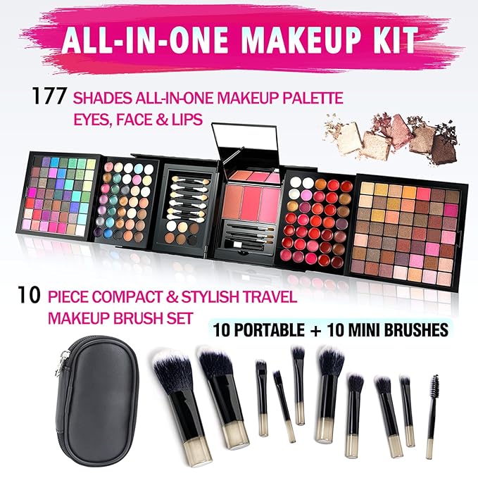 177-Color All-in-One Makeup Palette with 10 Brushes, Portable Case, Eyeshadows, Gel Eyeshadow, Lip Gloss, Concealer, Blush & Brow Powder – Complete Beauty Set for Women & Girls