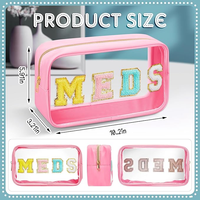 Geetery Medicine Bag Chenille Patch Meds Bags Portable Makeup Cases Preppy Patch with Zipper Cosmetic Travel Toiletry Storage for Women(Pink,Delicate Meds)