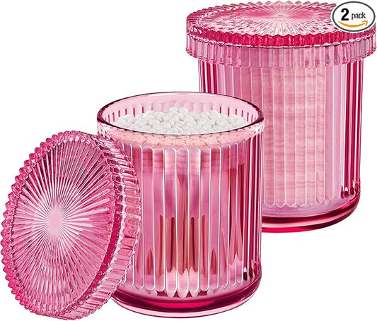 2 Pack Qtip Holder - Apothecary Jars with Lids, Bathroom Organizers and Storage Canister for Cotton Balls,Swabs,Floss Picks,Hair Ties,Clear Glass Vintage Bathroom Decor Jar Set (Pink2)