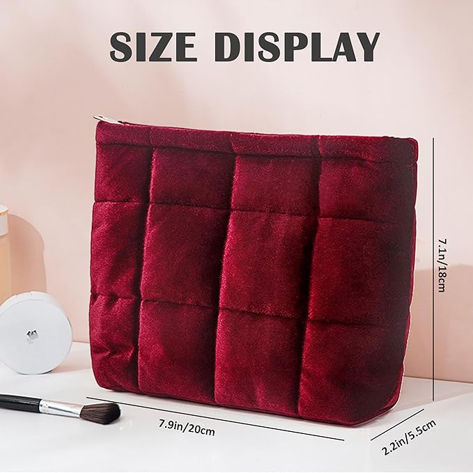Puffy Quilted Makeup Bag, Cosmetic Bag, Travel Toiletry Organizer Pouch, Clutch for Women(Wine Red - Velvet)