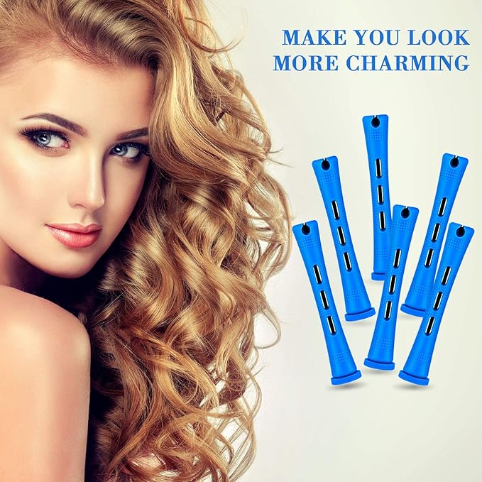 WILLBOND 60 Pcs Perm Rods for Short Long Hair Plastic Cold Wave Perming Curlers Small Hair Curling Rollers with Steel Pintail Rat Tail Kit for Women Hairdressing Styling Supplies(0.35 Inch,Blue)