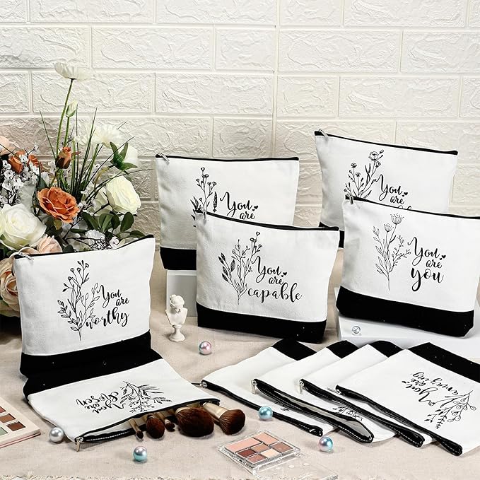Coume 10 Pcs Valentines Canvas Makeup Bags Bulk, Inspirational Quotes Cosmetic Zipper Encouragement Travel Pouch Toiletry Bag Women Teacher Friend Birthday Gift(Black White,Aesthetic)