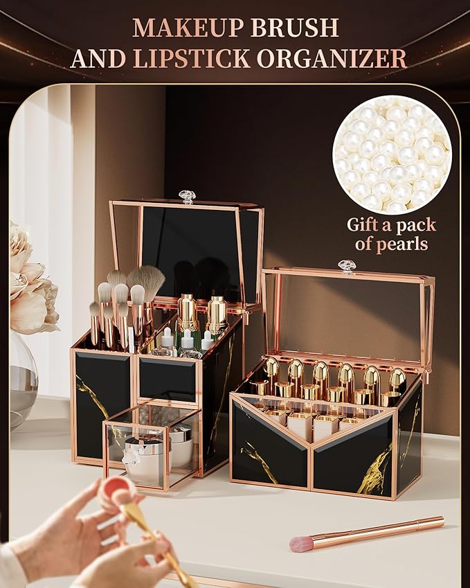 black makeup organizer – Vanity Holder with 18-Slot Lipstick Organizer & Covered Makeup Brush Holder – Skincare, Perfume & Cosmetic Display for Bathroom or Dresser