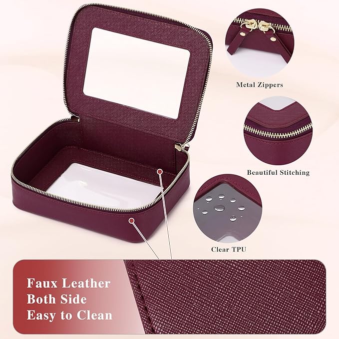 Clear Makeup Bag Women's Waterproof Travel Cosmetic Case and Toiletry Bag Portable Makeup Organizer Bag for Car with Zipper (Burgundy, M)