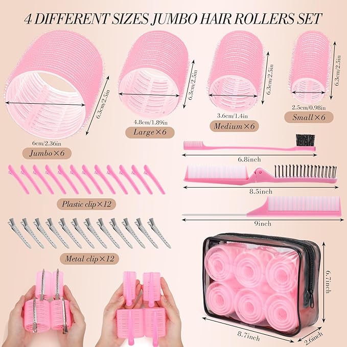 Obeoby 4 Sizes Hair Rollers for Women, Hair Curlers with Clips Comb Curlers for Long Short Curly Hair and Bangs (25, 36, 48, 60mm), Pink Valentines Day Gifts