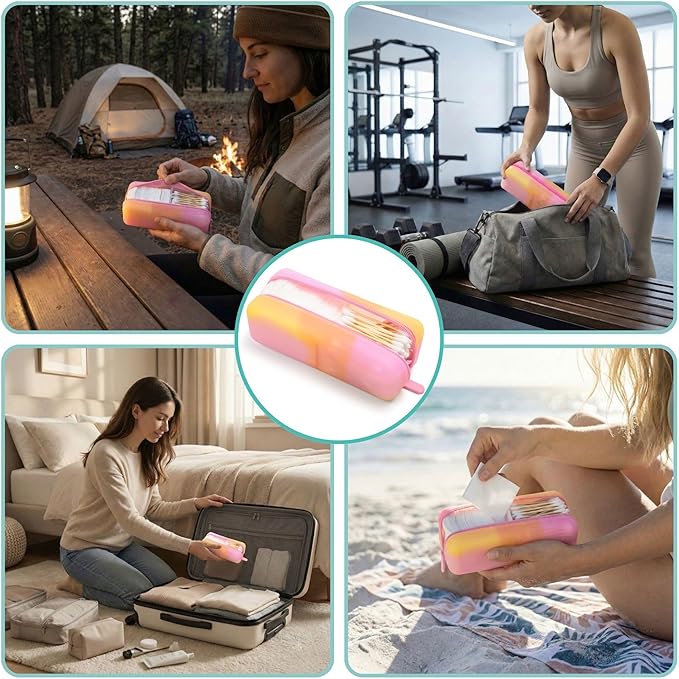 Cotton Pad Swab Travel Case – 2-in-1 Portable Waterproof Qtips Dispenser for Cotton Square Pad & Qtip, Floss, Bobbi Pin, Nail Kit, Hair Accessories Organizer TSA Compliance (Peach Sunrise)