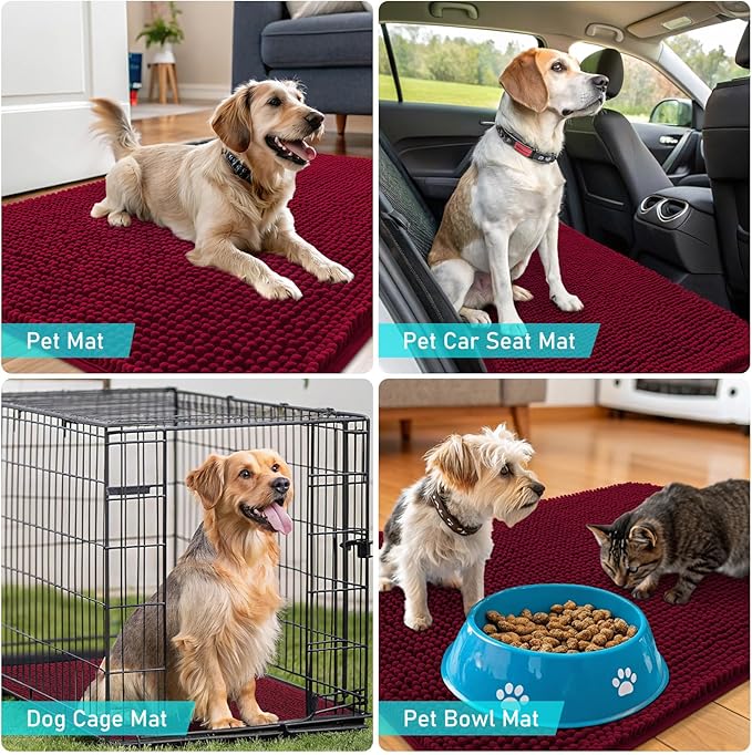 OLANLY Dog Door Mat for Muddy Paws 36x24, Absorbs Moisture and Dirt, Absorbent Non-Slip Washable Doormat, Quick Dry Chenille Mud Mat for Dogs, Entry Indoor Entryway Carpet for Inside Floor, Burgundy