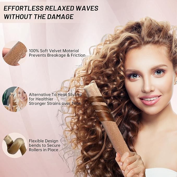 Heatless Hair Curler Overnight Curls, Heatless Curlers for Women, Soft Velvet Satin Flexi Rods Sleep for All Hair Types, No Heat Overnight Sleeping Curler Styling Tools (6 Pcs Mixed Color, 10 IN)