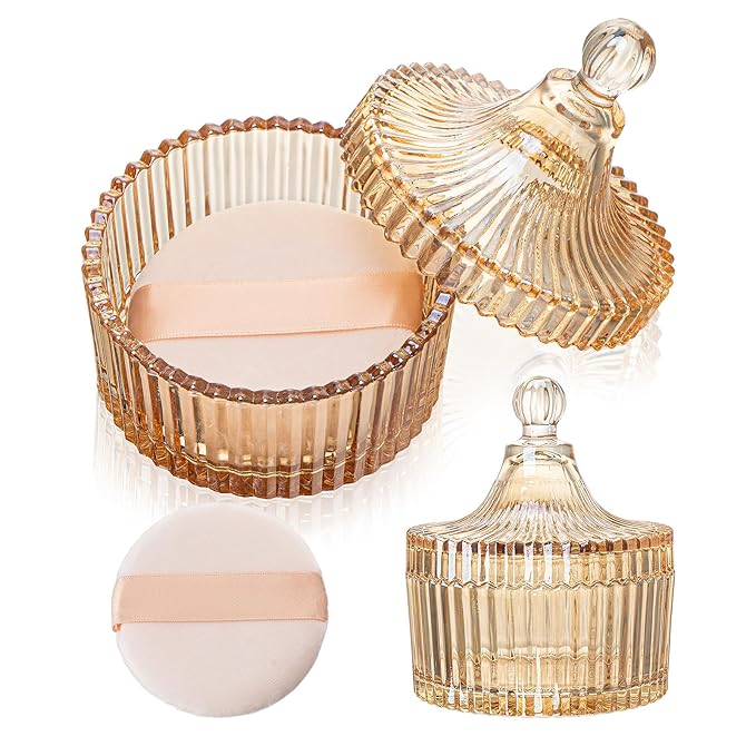 2 Piece Dusting Powder Container with Puff - Large Body Powder Puff and Container, Crystal Glass Powder Container with Puff Soft Velour Washable Reusable Face & Body Use (Amber)