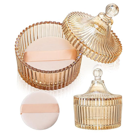 2 Piece Dusting Powder Container with Puff - Large Body Powder Puff and Container, Crystal Glass Powder Container with Puff Soft Velour Washable Reusable Face & Body Use (Amber)