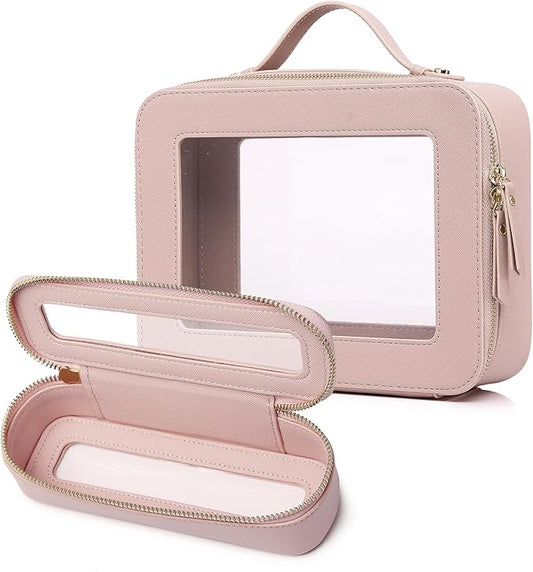 Travel Makeup Bag with Brush Case Portable Transparent Cosmetic Bag and Toiletry Bag Waterproof Makeup Organizer with Zipper Car Essential for Women (Pink, L+Slim)