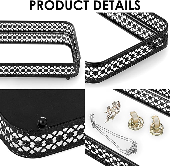 ELLDOO Black Perfume & Makeup Vanity Tray - Hollow-Carved Jewelry Storage, Glass & Metal Trinket Organizer for Dresser & Bathroom Countertop, Large Size