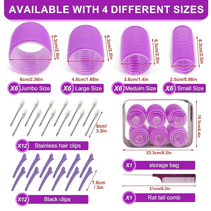 4 Sizes Hair Rollers Set with Clips - 50 Pcs Hair Curlers Rollers for Women, Self Grip Holding Hair Roller for Hair Long Medium Short Bangs Thick Fine Volume Thin, Pink