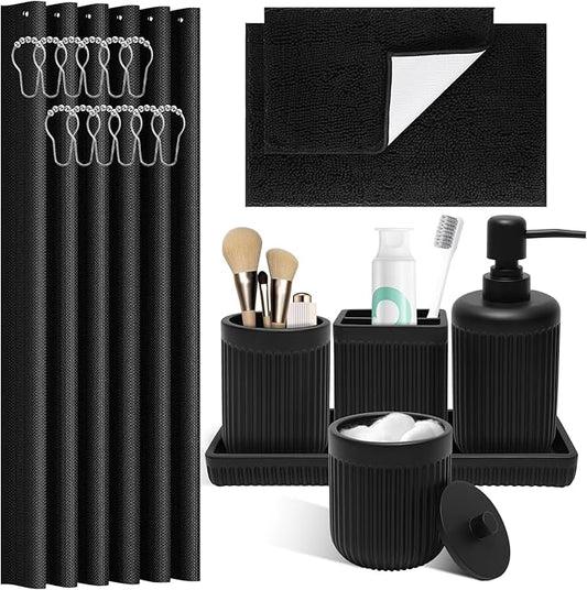 XLHOMO 8-Piece Matte Black Bathroom Set - Luxury Resin Bathroom Accessories Sets Complete with Shower Curtain and Rugs, Soap Dispenser, Toothbrush Holder, Cup, Apothecary Jars & Tray