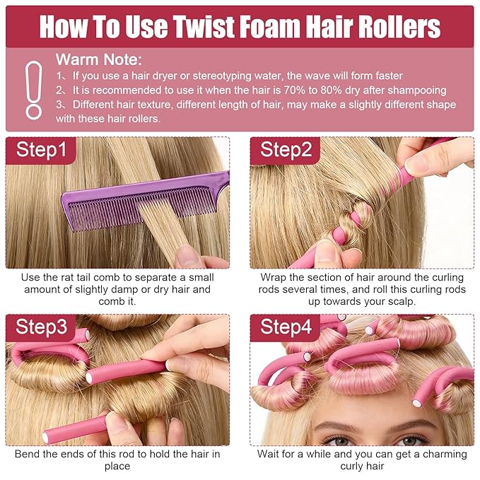 AIDUCHO 30 Pcs Heatless Hair Curlers 7 x 0.39 Inch Flexible Curling Rods Soft Foam Rollers No Heat Bendable Hair Rods Roller for Women Short Medium Long Hair, Pink