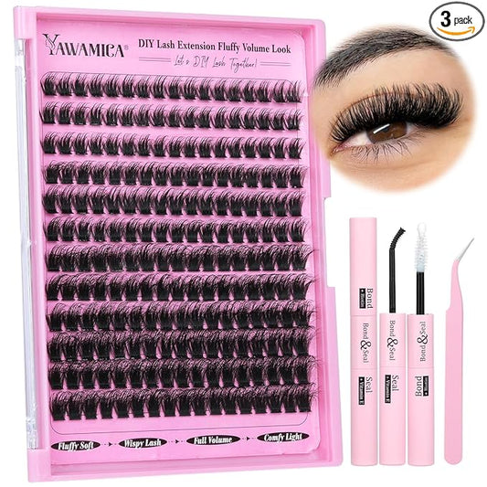Fluffier Lashes Clusters Kit Wispy Individual Lashes 100D Volume Cluster Eyelash Extensions Kit 10-16mm D Curly Lash Extension Kit with Bond and Seal and Lash Tweezers DIY Eyelash Kit by Yawamica