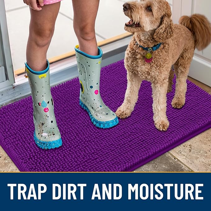 Smiry Dog Door Mat for Muddy Paws 36x24, Absorbs Moisture and Dirt Doormat, Non-Slip Washable Quick Dry Chenille Front Door Mat Indoor Entrance, Entryway Carpet for Inside Floor, Purple
