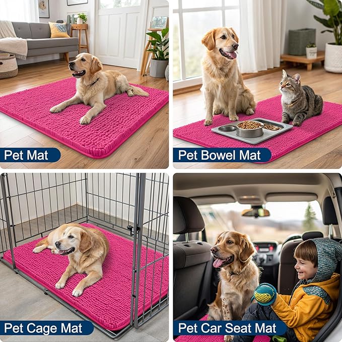 Smiry Dog Door Mat for Muddy Paws 59x24, Absorbs Moisture and Dirt Doormat, Non-Slip Washable Quick Dry Chenille Front Door Mat Indoor Entrance, Entryway Carpet for Inside Floor, Hot Pink