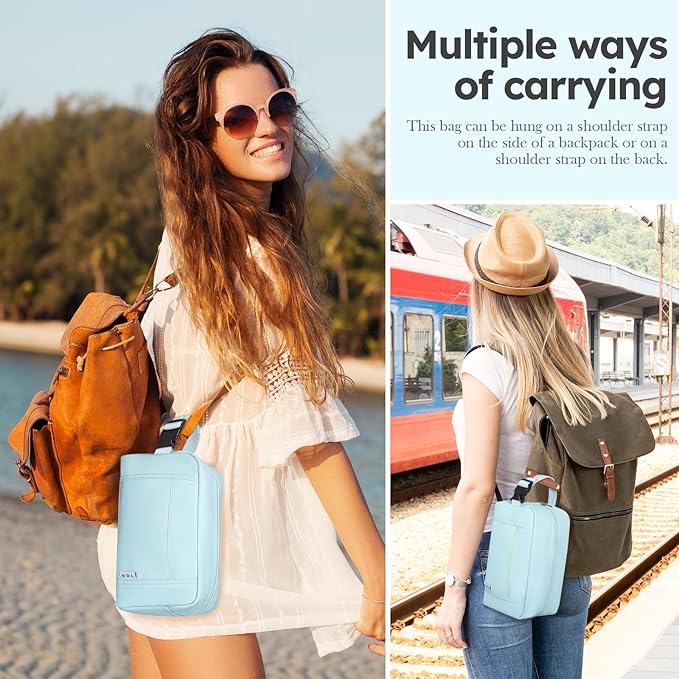 NOL Natural Organic Lifestyle Nylon Waterproof Makeup Bag Lightweight Travel Toiletry Bag for Adults, Reusable, Zip Closure with Buckle Handle, Snack Bag, Travel Cosmetic Bag,Light blue