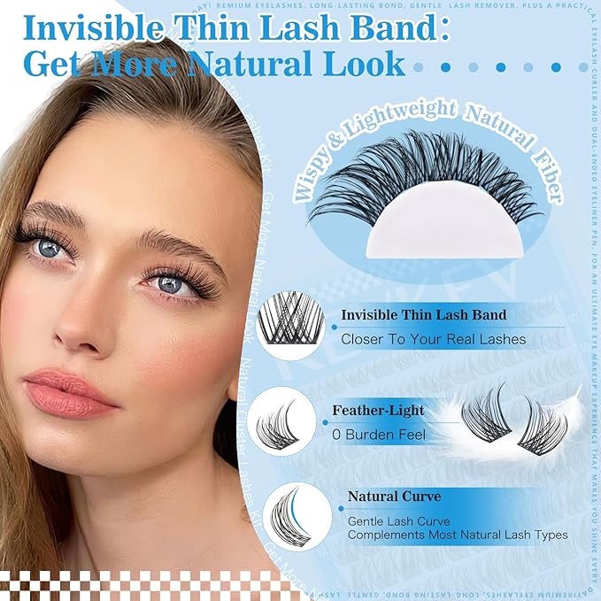 Wispy Lash Clusters Kit Invisible Thin Band Natural Eyelash Clusters 8-16mm Lash Extension Kit Mix Length Clear Band Natural Look Cluster Eyelash Extensions With Lash Bond DIY Lash At Home(Wispy04)