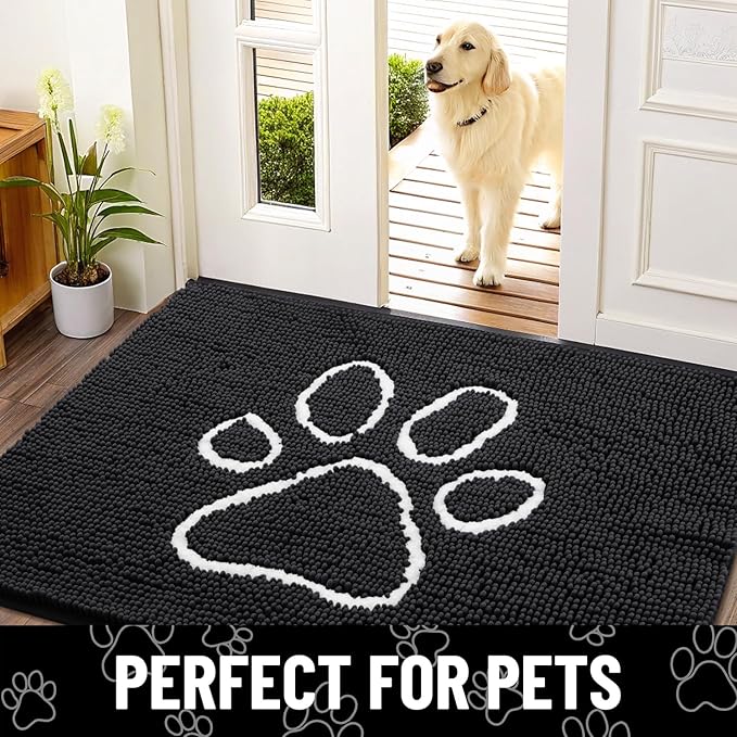 Smiry Dog Door Mat for Muddy Paws, Absorbent Dirt Trapper Non Slip Quick Dry Washable Chenille Mat for Mud Dogs, Entry Rug for Indoor and Outdoor (70x35 Inches, Black and White)