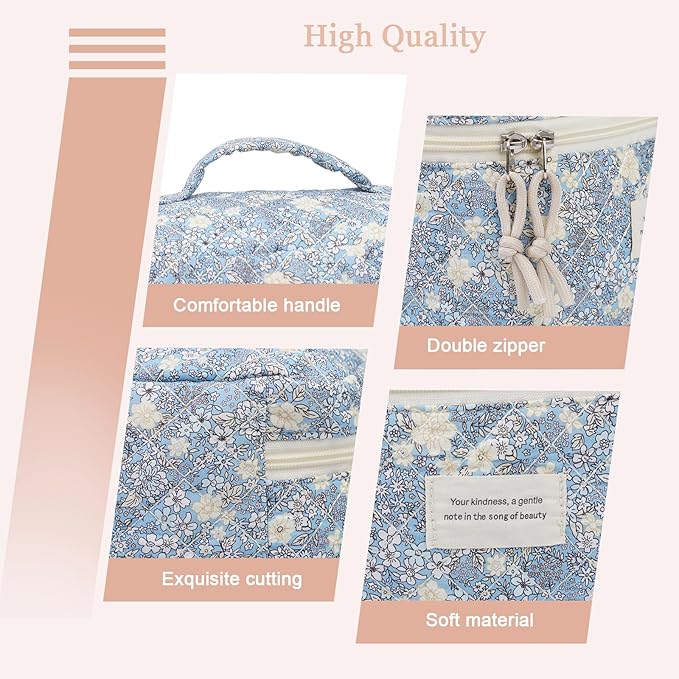 VIWIME Makeup Cosmetic Bag, Large Cotton Quilted Travel Coquette Aesthetic Cute Floral Make up Bag for Women Toiletry Bag Organizer (302-Blue&White)