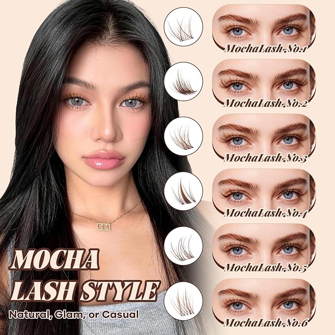 B&Q Brown Lash Clusters Natural Lash Clusters for Light Hair, Reusable MochaLash Cluster Eyelash Extensions Soft Brown False Eyelashes Comfortable Eyelash Clusters Perfect for Occasions（MochaLash 01）