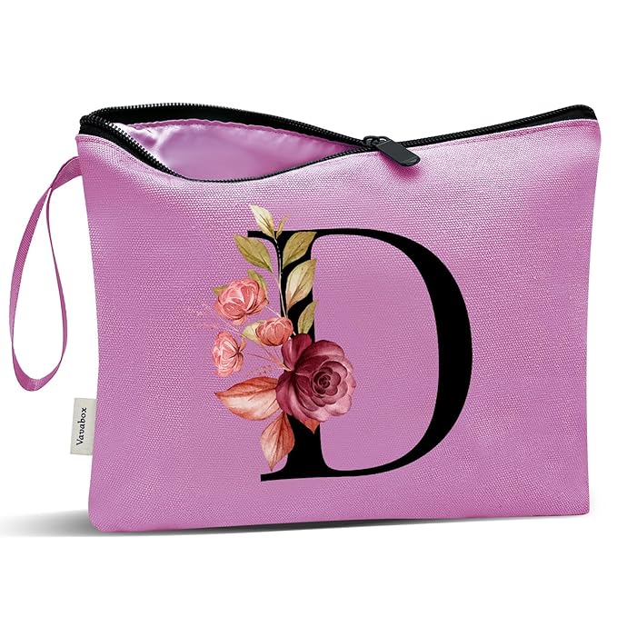 Vavabox A-Z Personalized Makeup Bag, Birthday Gifts for Women Mom, Gifts for Best Friend, Bride Bridesmaid Cosmetic bag (D, Purple)
