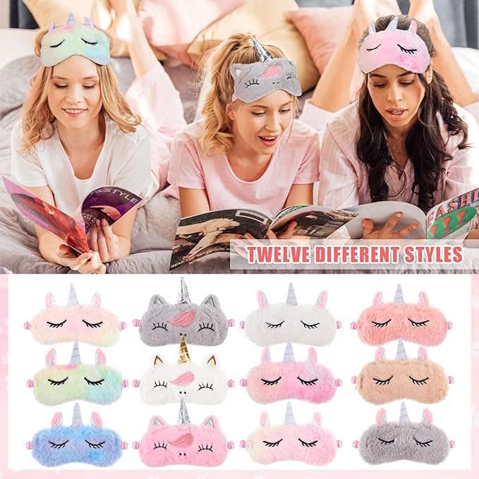 Hanaive 24 Pcs Sleepover Party Supplies Include 12 Unicorn Eye Mask and 12 Bowtie Hair Headband for Girls, Sleepover Party Favors for Women Sleeping Spa Makeup Supplies