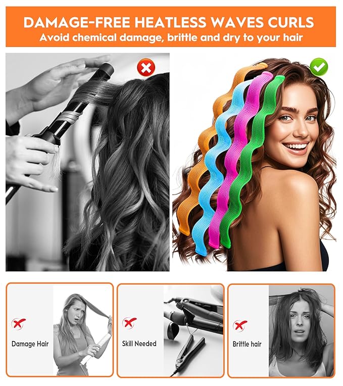 42 Pieces Heatless Waves Hair Curler, No Heat Damage Wavy Hair Curlers with 2 Sets of Styling Hooks, Heatless Curls for Women Girls Long Medium Hair (4 Colors,45cm/ 17.7")