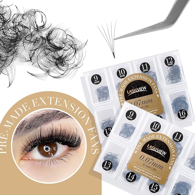 LASHVIEW 1000 Premade Volume Eyelash Extensions Mixed Tray 5D D Curl Premade Lash Fans Pointed Handmade Thin Base (5D-0.07D,9-16mm)