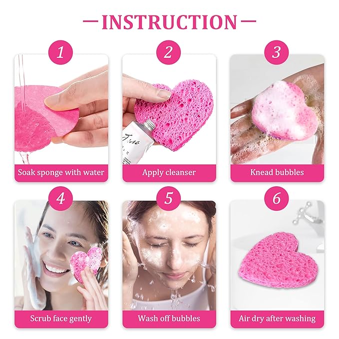 60-Count Kickleen Compressed Cellulose Heart Shape Facial Sponges | 100% Natural Cosmetic Spa Sponges for Facial Cleansing | Exfoliating | Makeup and Mask Removal | Reusable |Skin Massage (Pink)